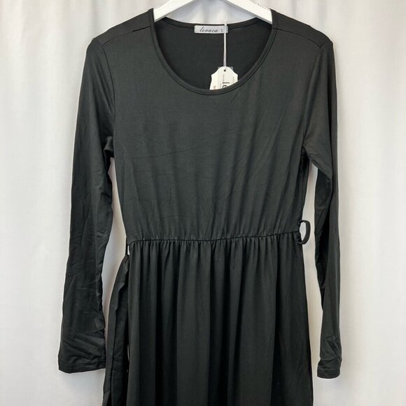 Levaca Womens Dress Black Midi Belted Long Sleeve Diagonal Ruffle Artsy S New - Picture 1 of 12